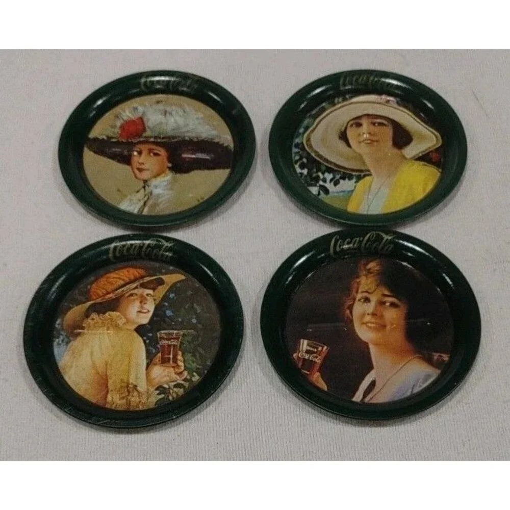 4 Coca Cola Drink Coasters Set Vtg 1983 Repro Display Ohio Art Advertising 3.5
